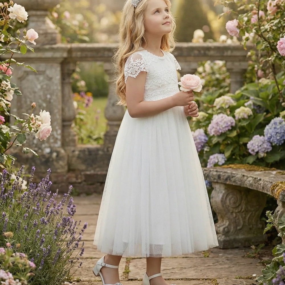Ivory Lace & Tulle Flower Girl or First Communion  Dress